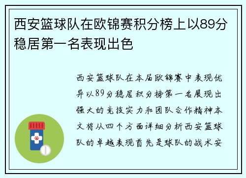 西安篮球队在欧锦赛积分榜上以89分稳居第一名表现出色